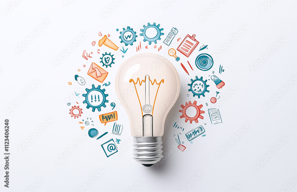Poster light bulb surrounded by gears and various symbols representing ideas and creativity. this captures 