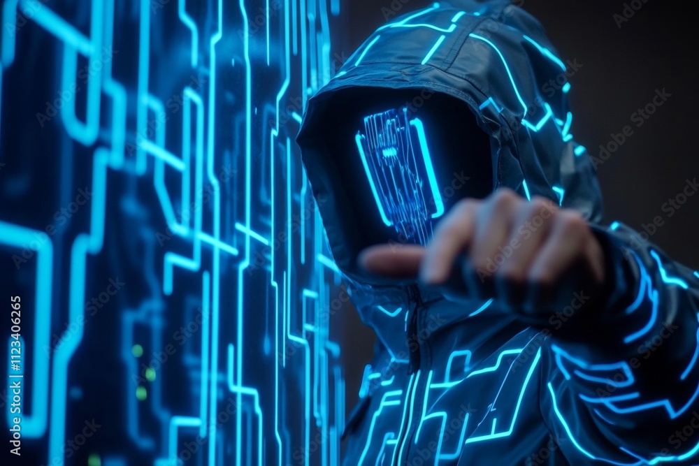 Poster hand gesturing towards a digital data interface with blue circuit patterns and lines