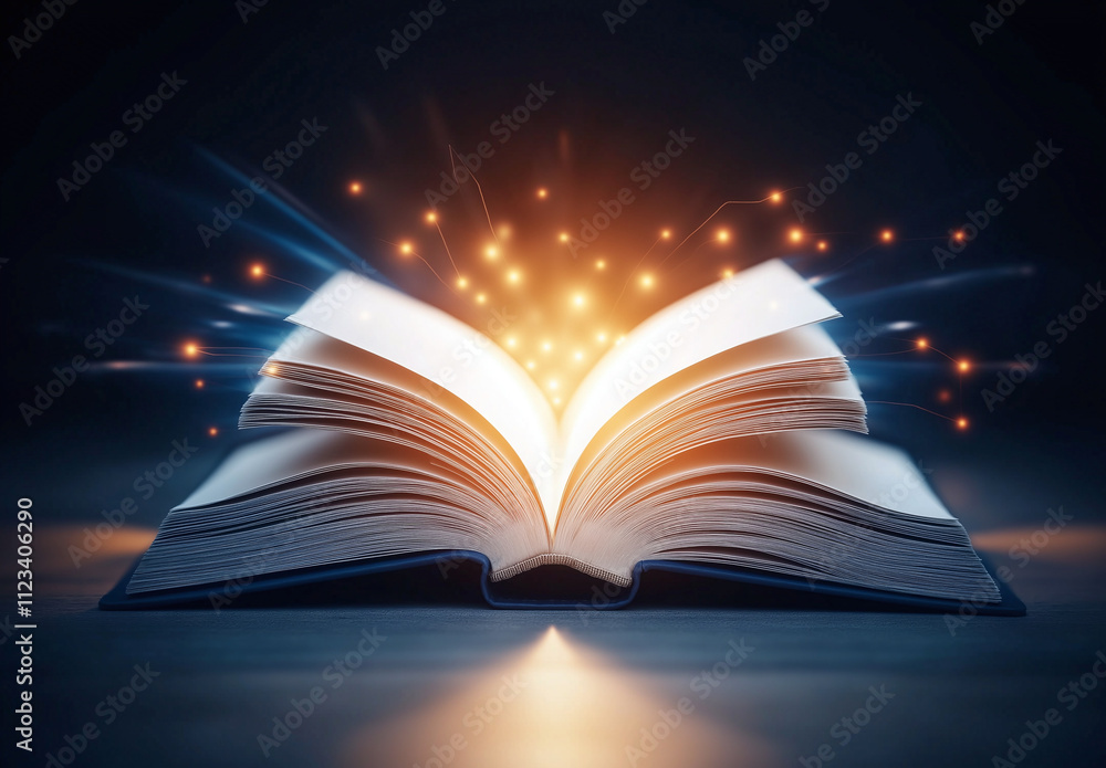 Poster magical open book with glowing pages radiates light and sparks, creating enchanting atmosphere. illu