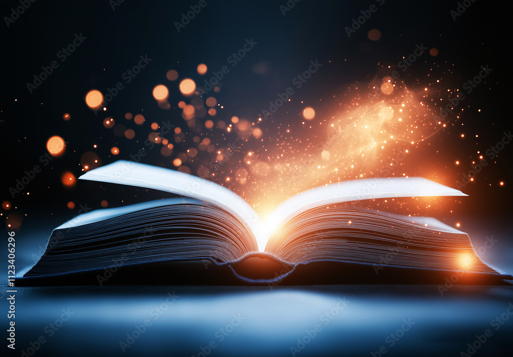 Poster magical open book with glowing pages emits enchanting light and sparkles, creating captivating atmos