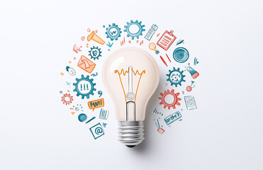 light bulb surrounded by gears and various symbols representing ideas and creativity. This captures essence of innovation and inspiration in visually engaging way