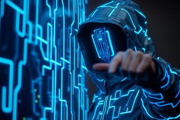 Hand gesturing towards a digital data interface with blue circuit patterns and lines