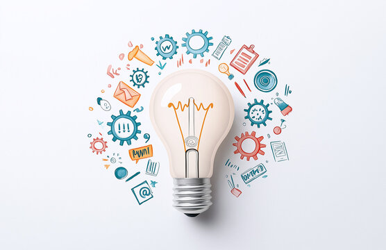 light bulb surrounded by gears and various symbols representing ideas and creativity. This captures essence of innovation and inspiration in visually engaging way