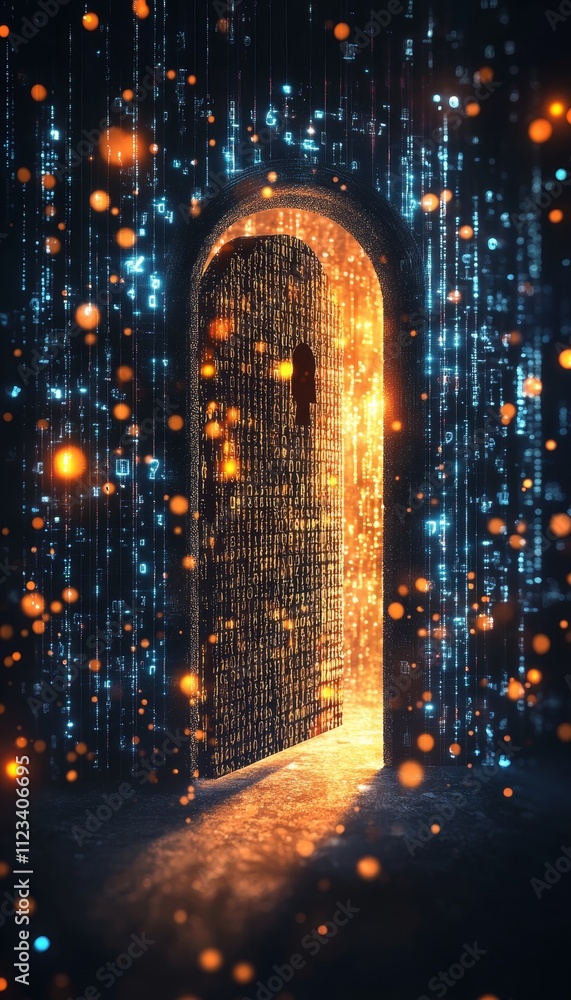 Poster digital art of a secure fortress with glowing walls and data streams for data security concept