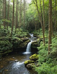 Obraz premium A moss covered log is floating in a stream, Ai generated.