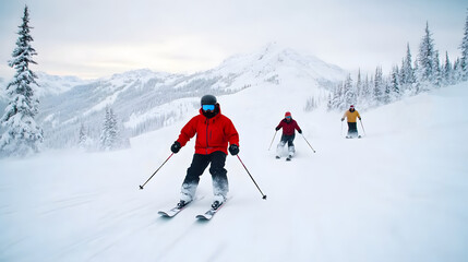 A group of skiers on a mountain slope, colorful winter gear, and thrilling action in the snow