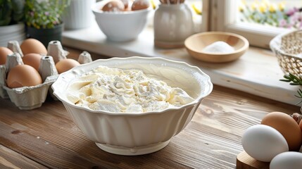Cozy kitchen scene close up of mixing bowl with whipped cream ingredients for cake preparation