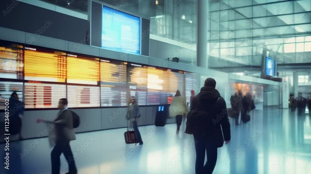 Poster Traveler looking at timetable in airport terminal with modern architecture, checking flight information on digital screen, planning journey, travel concept