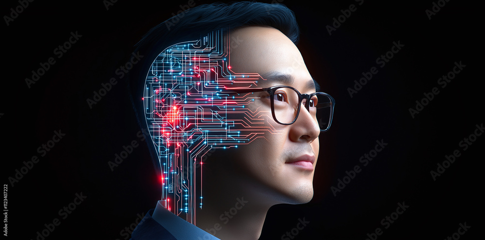 Poster profile image of man with digital circuit design integrated into his head, symbolizing technology an