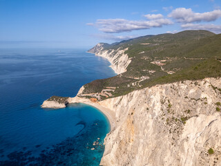 Obraz premium Aerial drone view of the beautiful beach of Porto Katsiki on the island of Lefkada in Greece.