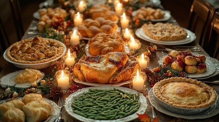 Obraz premium A festive table filled with various delicious dishes and candles.