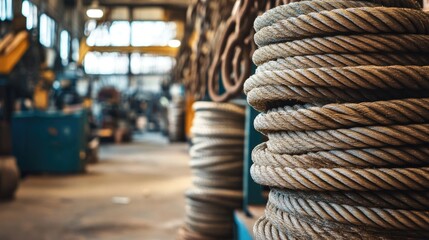 Fototapeta premium Industrial Warehouse with Coiled Rope in Focus on Workshop Floor