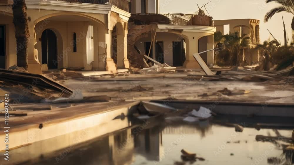 Poster rubble and debris surrounding a dirty swimming pool in front of a destroyed luxury villa after a dev
