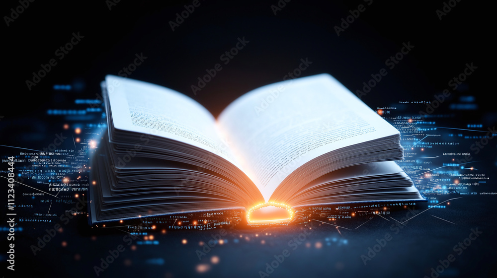 Aufkleber open book with glowing pages surrounded by digital elements, symbolizing knowledge and technology. l