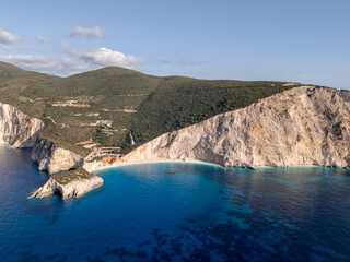 Fototapeta premium Aerial drone view of the beautiful beach of Porto Katsiki on the island of Lefkada in Greece.