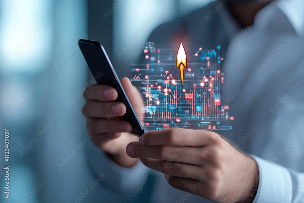 Poster businessman holding mobile phone with digital graphics and rocket symbolizing growth and innovation.