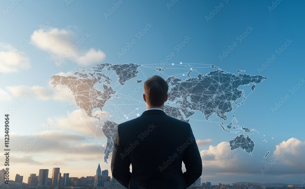 Poster businessman standing in front of world map, symbolizing global connections and opportunities. skylin
