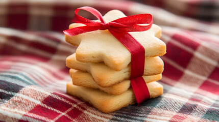 A stack of buttery shortbread cookies in star shapes tied with a red ribbon resting on a festive plaid cloth.