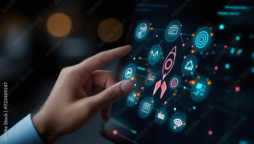 Poster businessman interacting with digital interface showcasing growth metrics and innovative technology. 