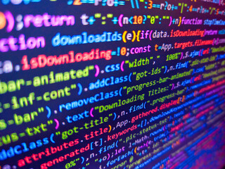 Remote work search. 1100101 blau. Pink unique background. Work of software developer programmer on desktop screen closeup. Abstract code background. Template of website, selective focus.