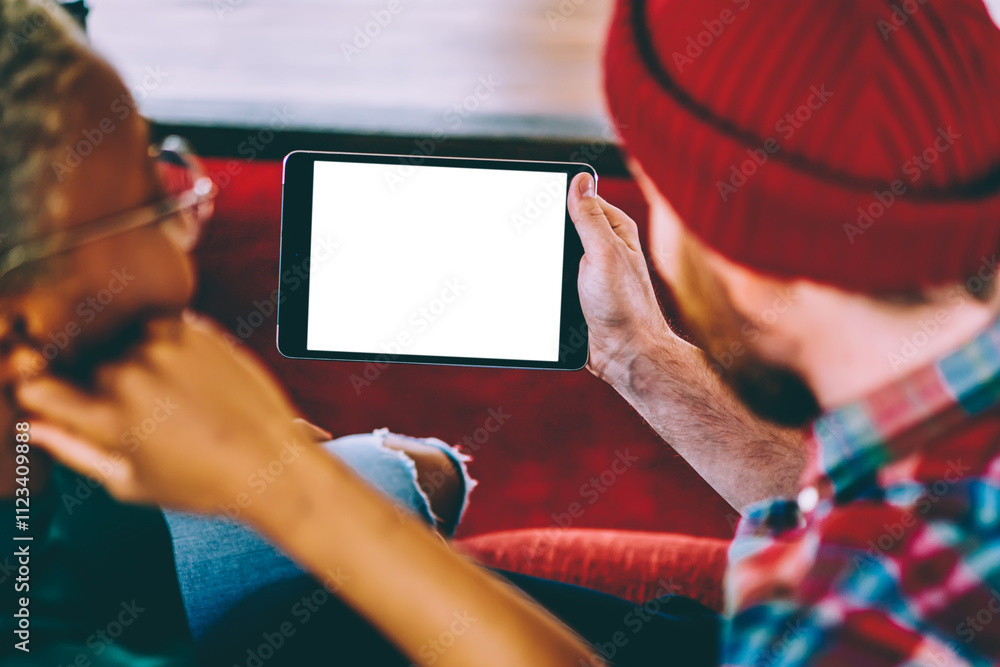 Aufkleber cropped back view of diverse marriage discussing media on modern tablet with copy space display for 
