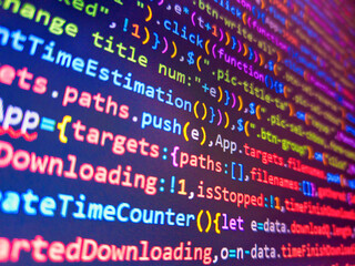 Image of financial data processing over connections. Programming concept. Structured sql code on monitor. Abstract computer script code. Software development by programmer. Javascript code.