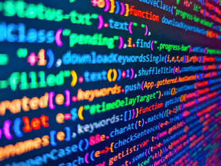 Stock market, forex, financial data. Programming software code on computer screen which develop by the programmer to solve the business requirement. Structured sql code on monitor.