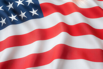 Fototapeta premium Close up of American flag waving, showcasing its vibrant colors and stars. fabric flows gracefully, symbolizing patriotism and national pride