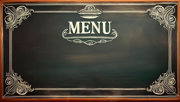 Blank vintage chalkboard restaurant menu with ornate border design for cafes