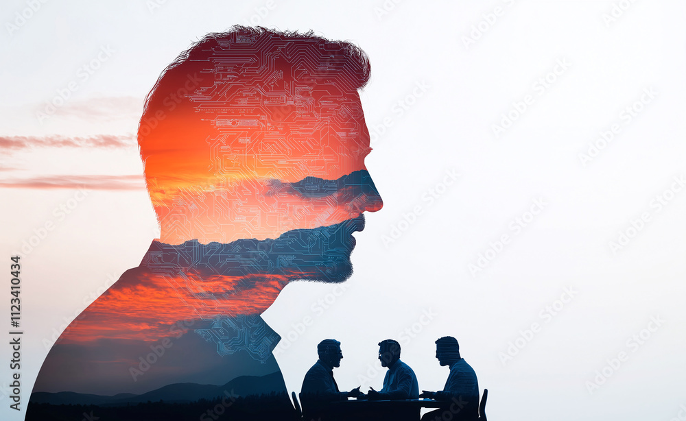 Poster digital identity concept with double exposure of man profile and sunset. image captures meeting scen