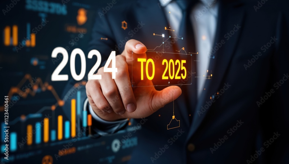 Poster a businessman highlights the transition from 2024 to 2025 against a backdrop of financial data and a