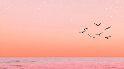 Obraz premium Graceful Birds Flying Against a Soft Pink Sky Filled with Gentle Sparkles