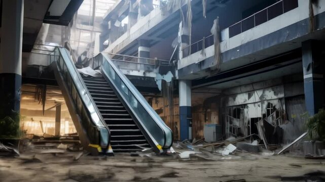 Escalator rising amidst the debris and destruction of an abandoned shopping mall, highlighting the decay and ruin left behind in a haunting post apocalyptic landscape