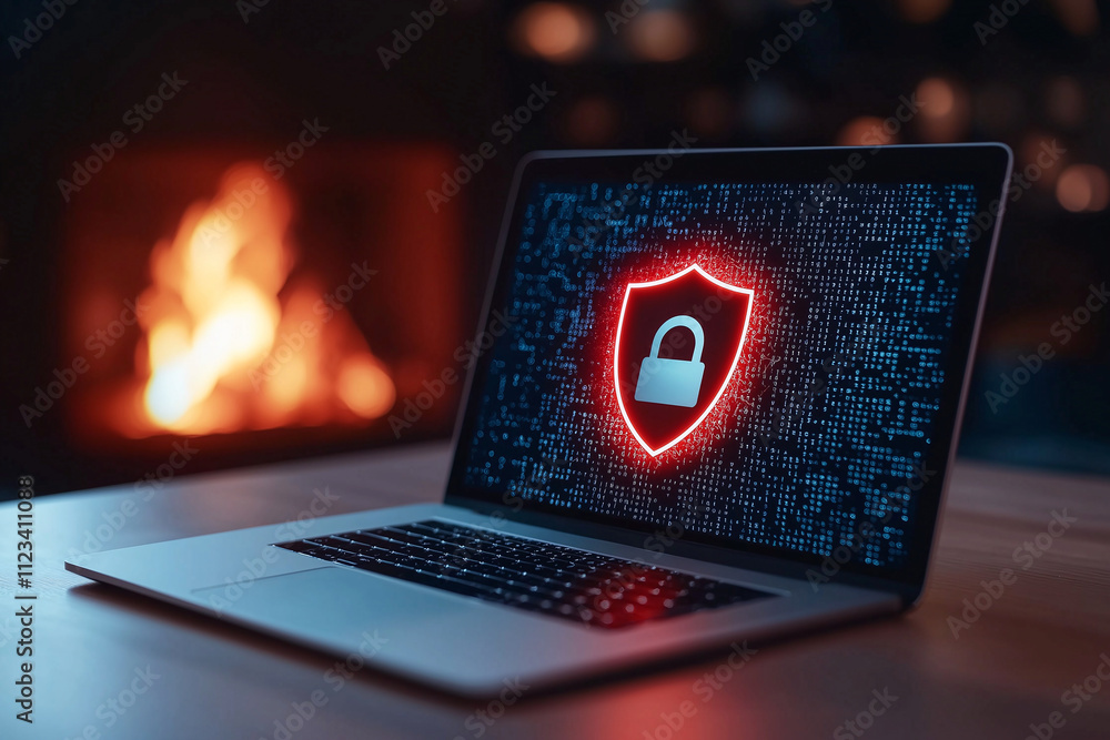 Poster laptop displaying security shield icon on its screen, symbolizing cybersecurity. warm glow of firepl