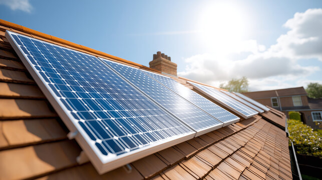 Solar panels on rooftop harnessing renewable energy under bright sky. This sustainable technology promotes eco friendly living and energy efficiency