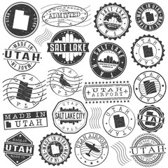 Fototapeta premium Salt Lake City, UT, USA Set of Stamps. City Travel Marks. Made In Product. Design Seals Old Style Insignia.