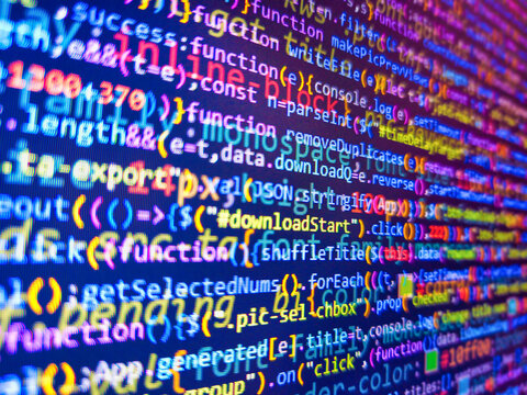Abstract computer script code. Colorful code background. Software source code. Compressed javascript code on computer screen. Abstract background for search job. Virtual realtiy. Coding concept.