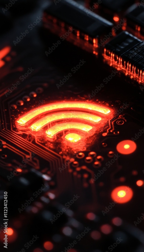 Poster illuminated wifi icon on a circuit board a captivating fusion of technology and design