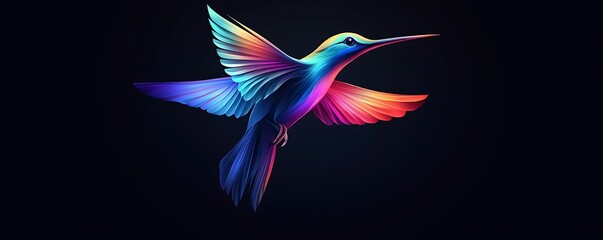 Obraz premium Dynamic 3D vector hummingbird logo in vibrant hues, soaring against a deep, dark backdrop. Ultra high resolution and clarity.
