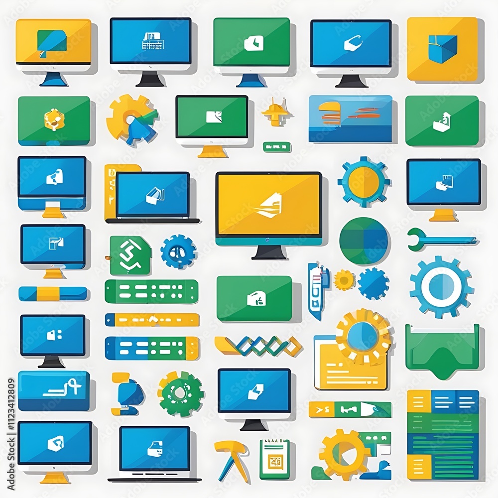 Poster colorful computer icons illustrate software development processes