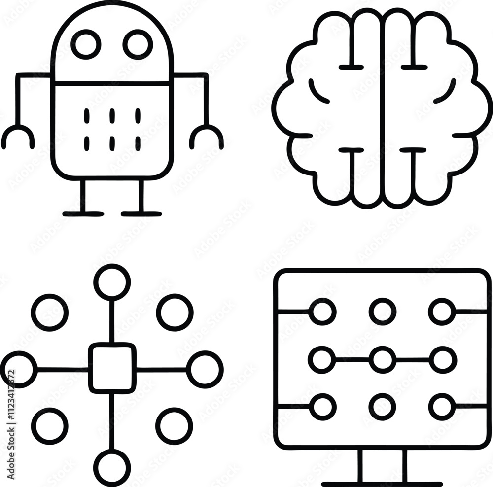Poster artificial intelligence, robotics, brain, neural networks, technology icons