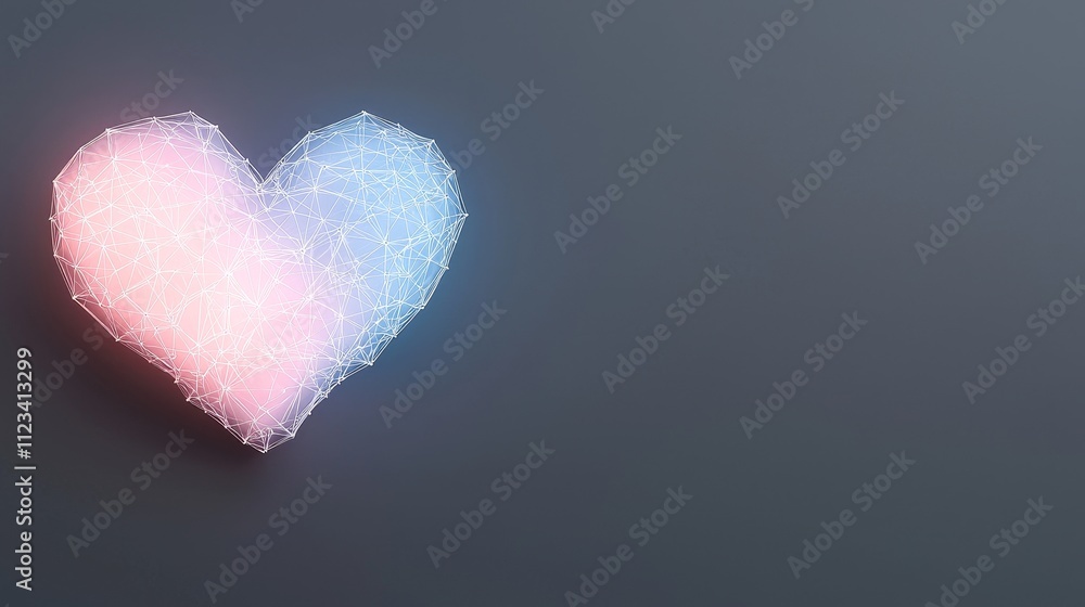 Poster abstract geometric heart illustration with glowing lines and soft color gradient set on a dark backg