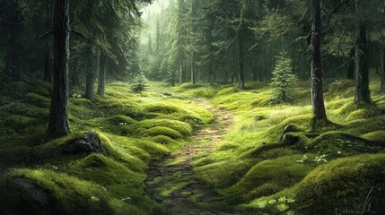 Obraz premium Lush Green Forest Pathway Flanked by Dense Trees and Mossy Ground