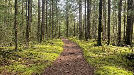 Obraz premium Peaceful Hiking Trail Through Lush Green Forest in Nature Scene