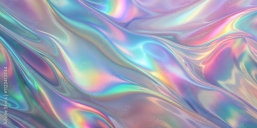 Poster colorful iridescent waves with a shimmering surface reflecting light in a vibrant display