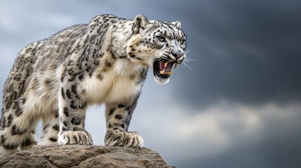 Obraz premium Snow leopard roaring on rocky outcrop mountainous region wildlife photography dramatic sky close-up nature conservation
