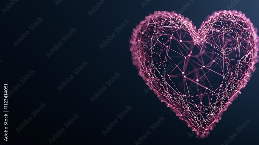 Poster abstract representation of a heart in pink color with geometric lines and dots on a dark background