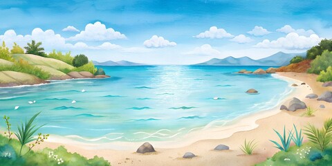 Peaceful seaside landscape featuring gentle waves and serene sandy beach during daytime