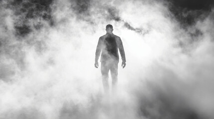 Fototapeta premium A figure emerges from the fog, symbolizing the journey from darkness into clarity.