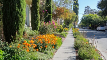 Obraz premium Lush Flower Garden Along a Sidewalk in Bright Daylight
